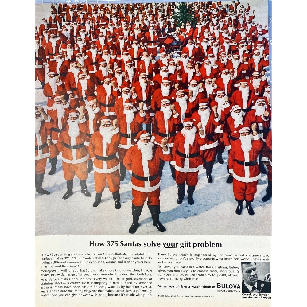 BULOVA Watches "How 375 Santas Solve Your Gift Problem." Vintage Print Ad 1963